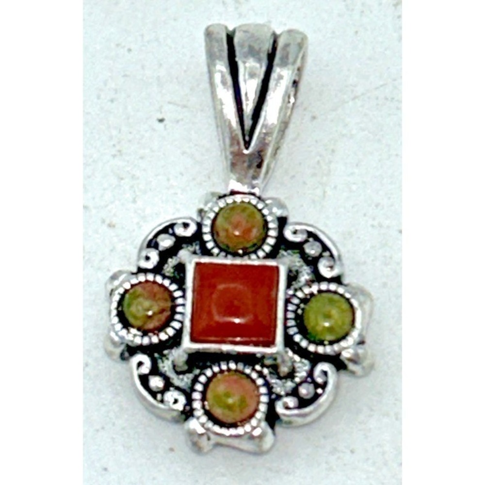 Vtg Lia Sophiaโ Reversible Pendant Deja Vu 2 Sided Red Jasper Silver Tone Beige